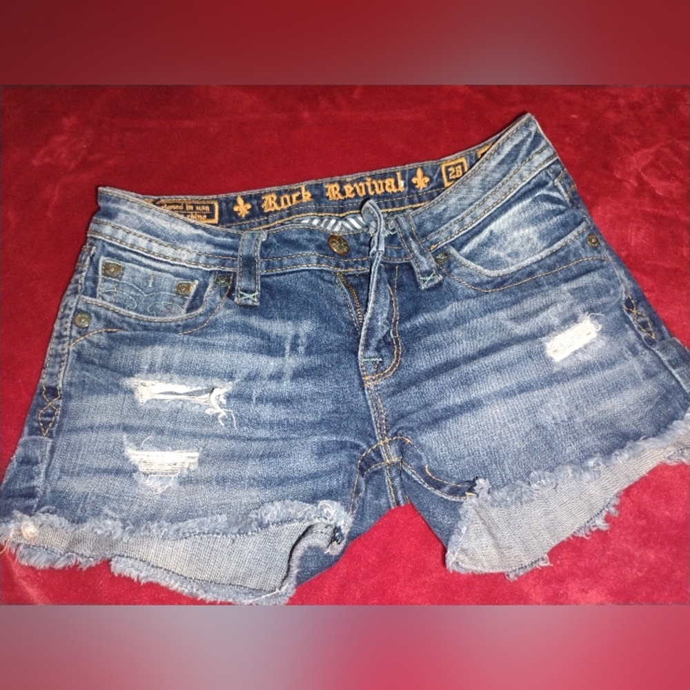 Rock Revival Blue Cut-Off style Jean Shorts with Distressed Details